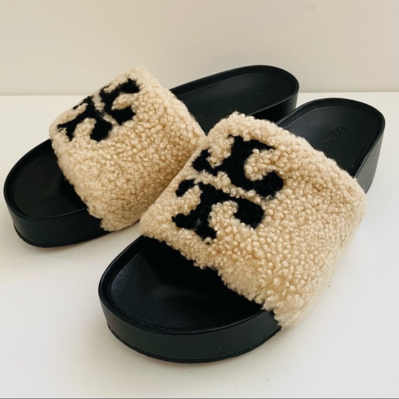 Tory Burch Shoes - TORY BURCH Double T Logo Shearling Slide Platform Sandals